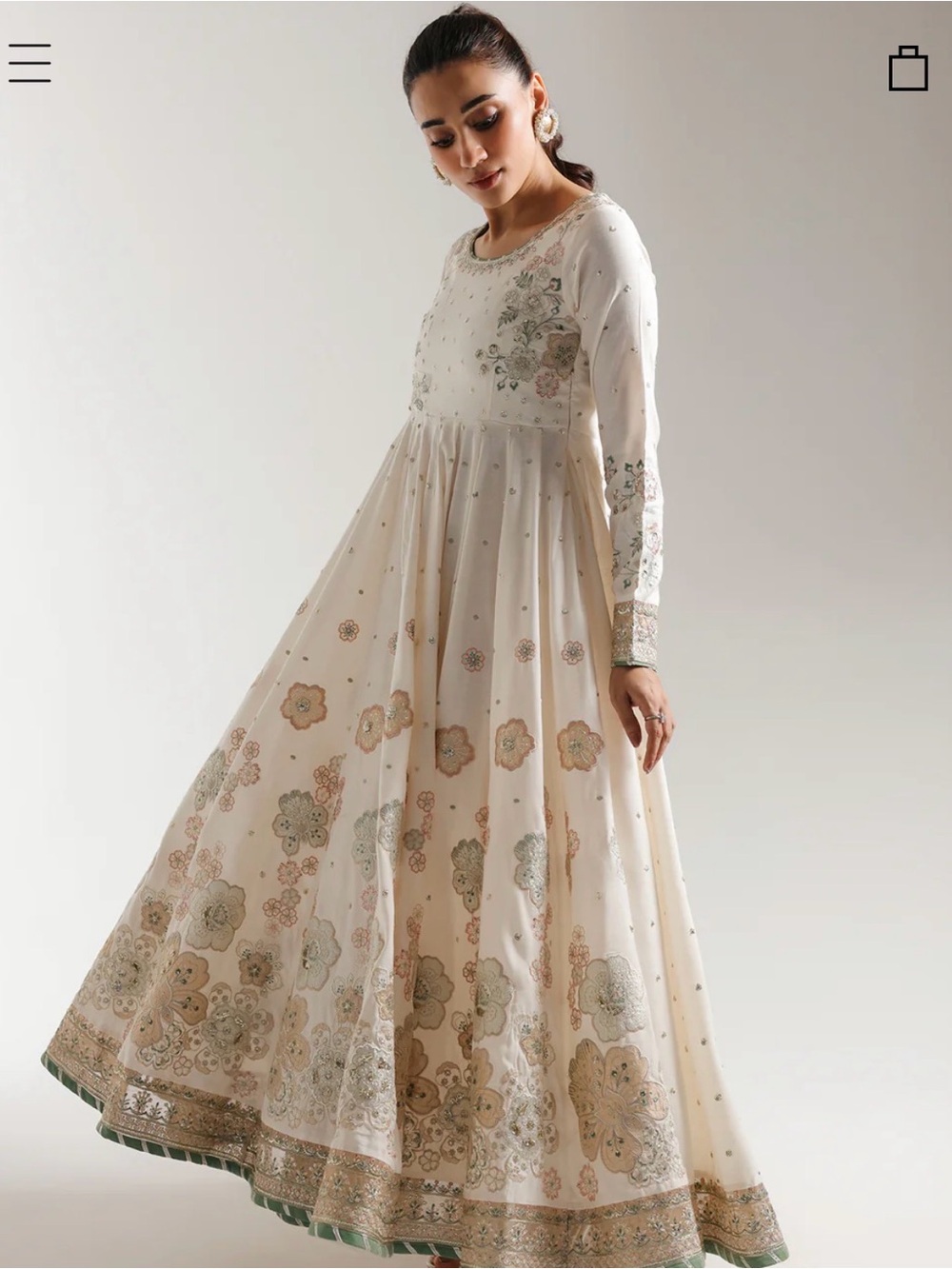 Embroidered Cream Floral Anarkali with Long Sleeves